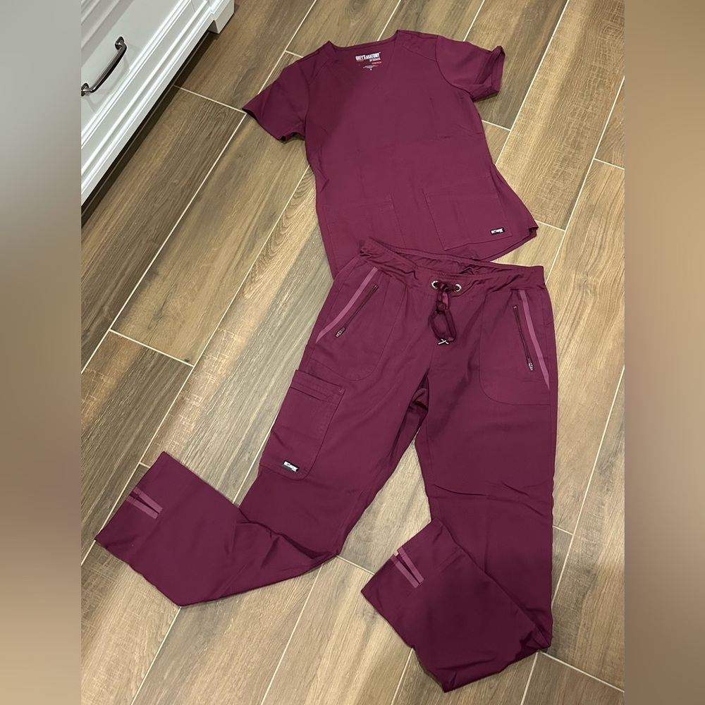 Grey's Anatomy Maroon/Berry Scrub Top and Cargo Pants Set